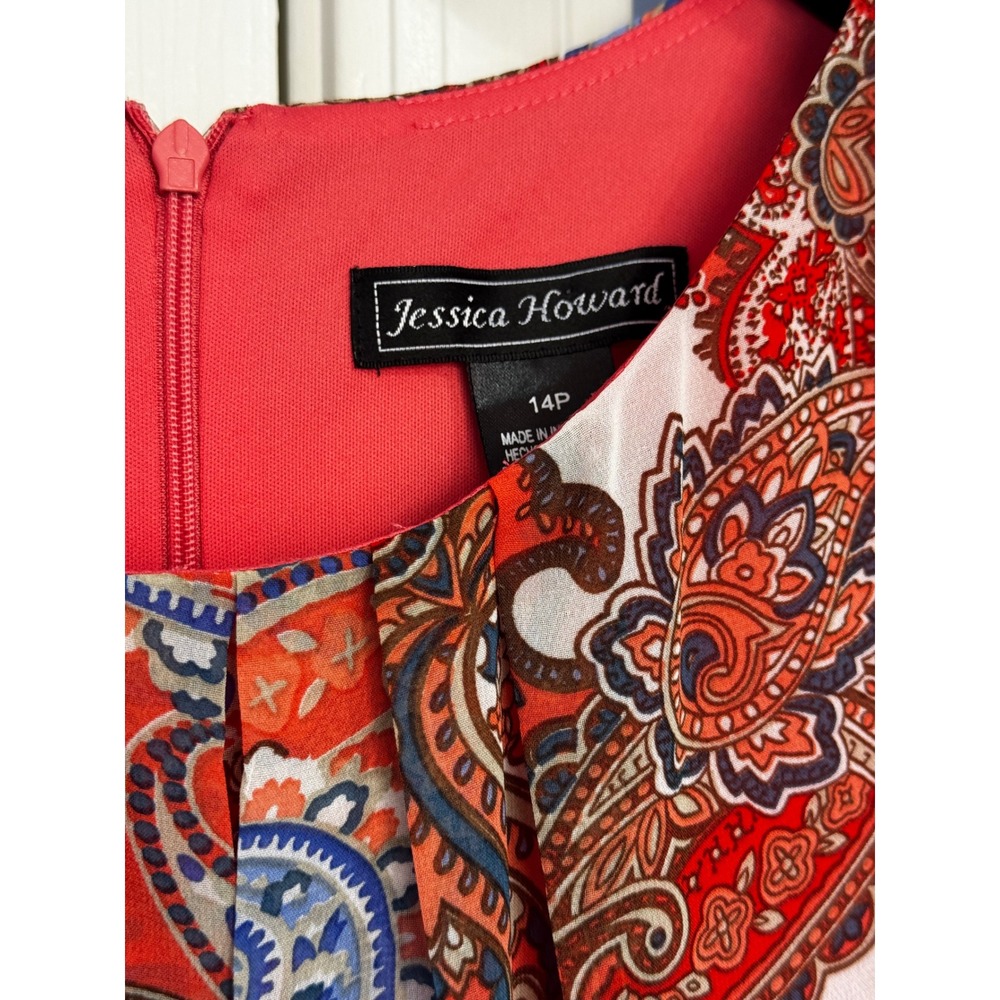 Coral Paisley Sleeveless Shift Dress Petite 14P Pleated Neck Career Office - Picture 6 of 7